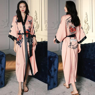 Kimono Femme Nuit Satin Rose