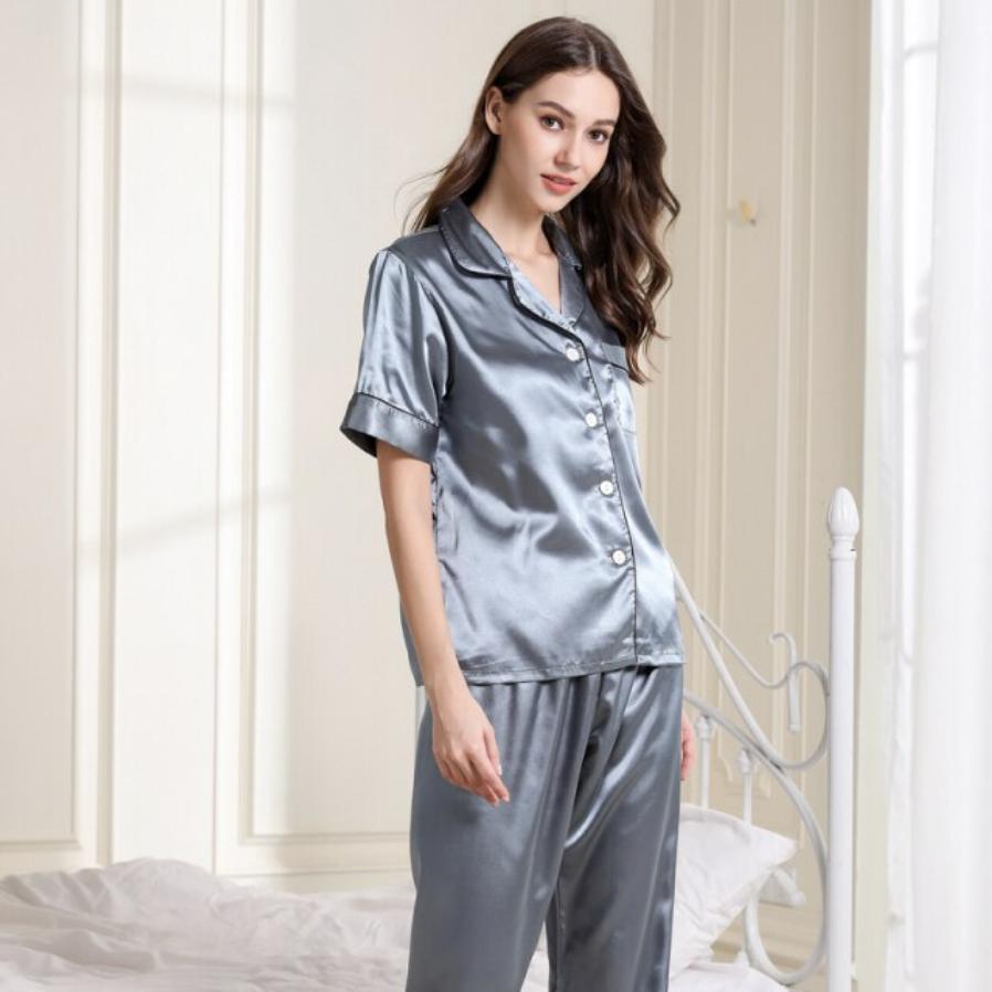 Ensemble Pyjama Satin Femme Bleu Marine Fleuri