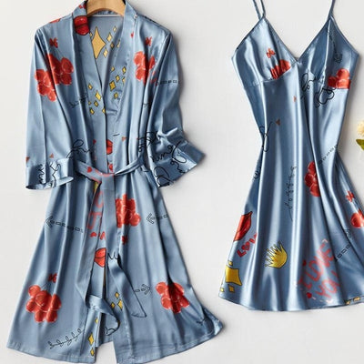 Robe Kimono Satin Fleuri Bleu