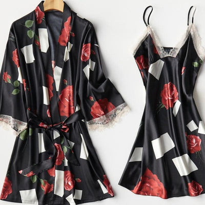 Robe Kimono Satin Fleuri Noir