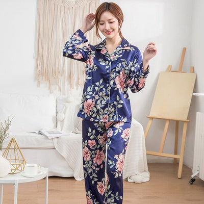 Pyjama Satin Imprimé Rose Bleu